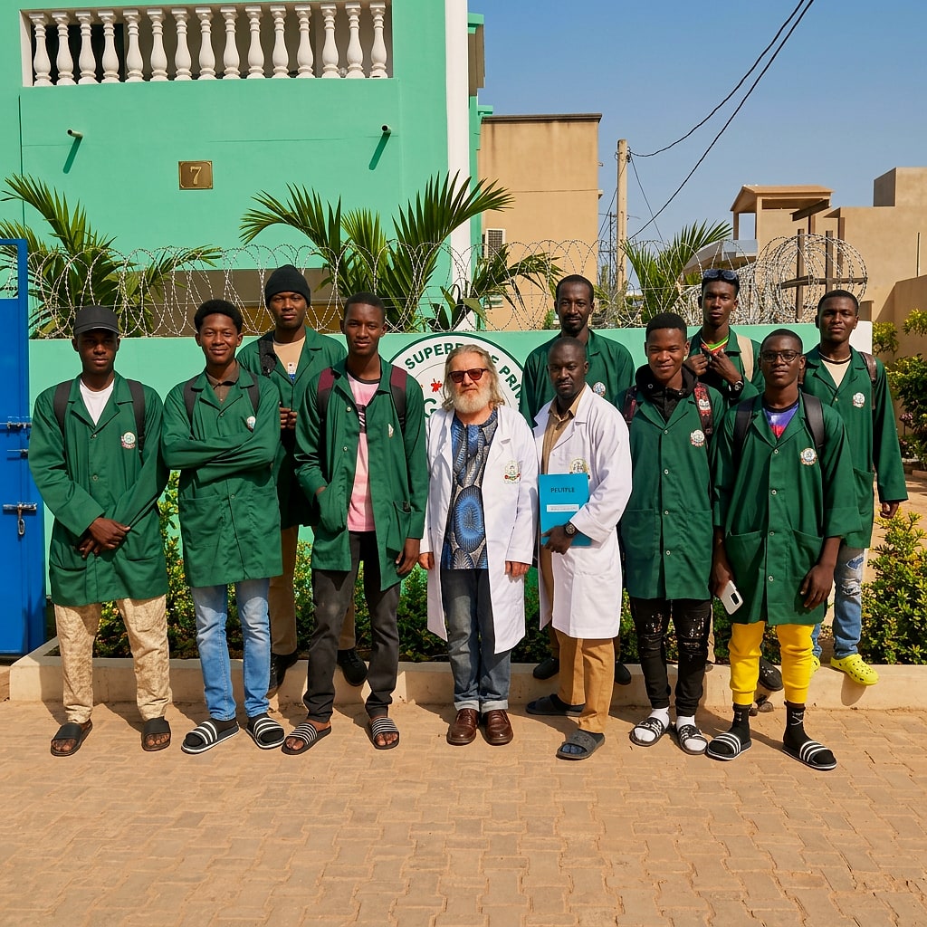 Promotion d'étudiants en blouse verte, accompagnés de leurs encadrants, devant le bâtiment d'AGRI'SUP.